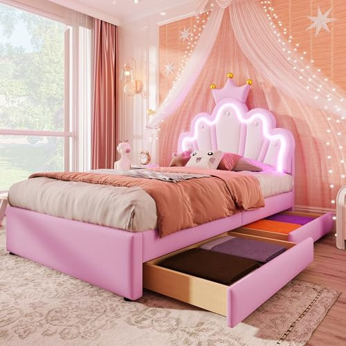 Dolamaní Jugendbett Mädchen Bett 90x200 mit 2 Schubladen, Polsterbett Prinzessinnenbett aus PU-Leder, Verstellbares Kopfteil (Rosa B)