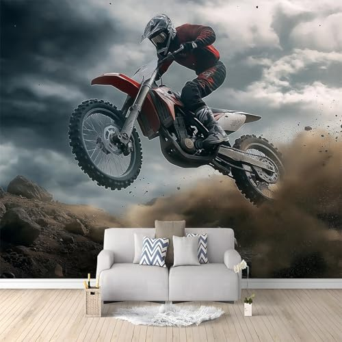 Fototapete Fotografie Motocross Tapete Wandbild Wandtapete Grau, für Wohnzimmer Schlafzimmer Bürodekorationen 400 x 280 cm Vlies Tapete Wanddeko