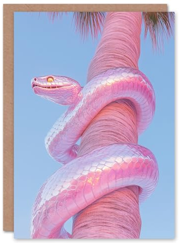 Artery8 Greeting Card Shiny Chrome Pink Snake Wrapped On Palm Tree Bark Blank For Him Or Her Art Birthday Card