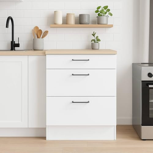 Mobile 3 cassetti Cuggiono, Cassettiera da cucina, Modulo contenitore con cassetti, Base con cassetti estraibili, 60x60 h90 cm, Bianco e Rovere