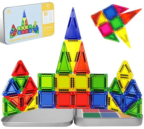BEBOAN Mini Travel Magnetic Tiles 30PCS Magnatile for Kids Ages 3-8, Toddler Airplane Travel Toys Magnetic Blocks Set with Storage Iron Box, Portable Building Set Birthday Gift for Boy Girl