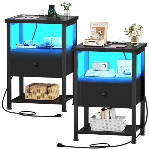 iSunirm Table de Chevet LED Lot de 2 avec Tiroir en Bois, Table de Nuit avec Station de Charge et Éclairage, Meuble de Chevet pour Chambre, Salon, Noir