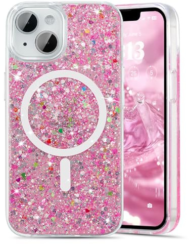 UEEBAI Glitter Case Magnetic for iPhone 13/14, Luxury Shiny Bling Sparkly Phone Case, Compatible with MagSafe, Wireless Charge, Crystal Diamonds, Hot Pink