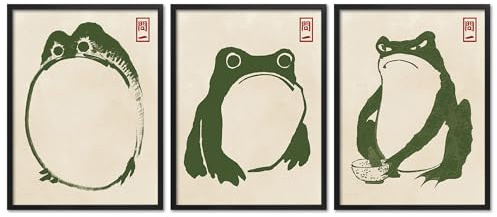 ARTFAVES® Poster Set - Hoji Frogs Green - 3-teilige Bildercollage Wohnzimmer, Schlafzimmer - moderne Wandbilder Kunst, Frösche, Matsumoto Hoji - 30x40 cm - mit Rahmen Schwarz