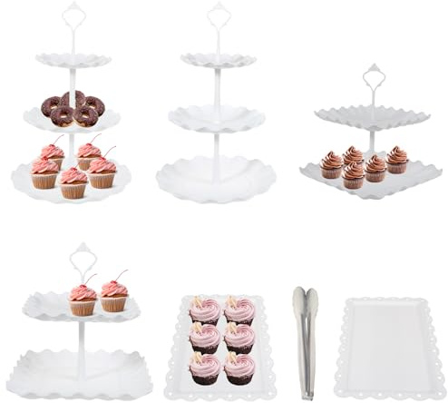 7 Stück 3-Stöckiger Tortenständer mit 2-Stöckiger Tortenständer Tablett Clip Kuchenständer Kunststoff BPA-frei Robust Cupcake-Ständer für Cupcakes Desserts Buffets Hochzeiten Geburtstage Partys