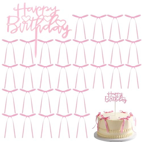 30 Stück Tortendeko Rosa Schleifen, 1 PC Happy Birthday Schild Cake Topper, Kuchendekorationen, Kuchenschleifen, Happy Zeichen für Partys Valentinstag Hochzeiten