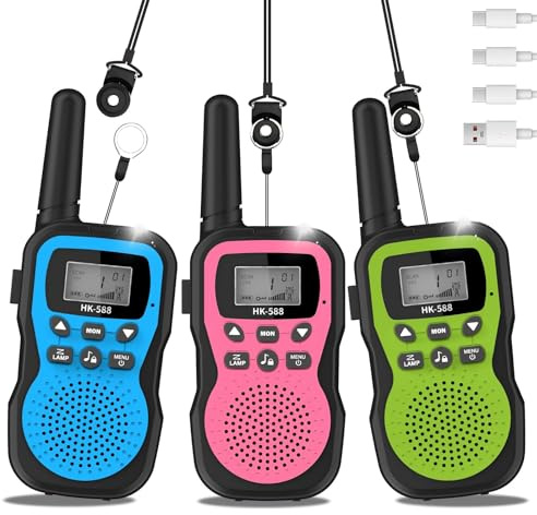Talkies-Walkies électroniques pour Enfants (Lot de 3), Rechargeables, 8 Canaux, Autonomie 48h, Torche Intégrée, Portée 3KM, Âge 3+, Garçons et Filles – Idéal pour Camping et Activités Extérieures