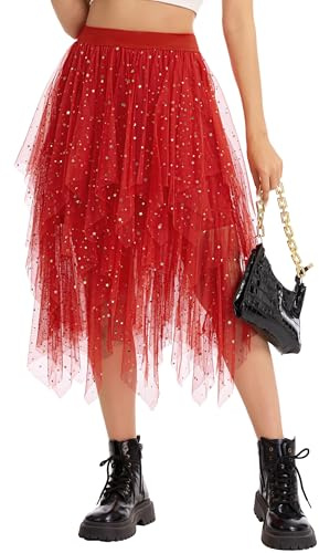 Lovasy Falda de Tutú para Mujer Irregular Bajo la Lentejuelas Tutu Tul Falda Disfraz para Ballet A-Line Midi Faldas para Mujer Prom Party Vestido Plisado