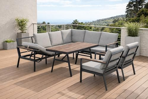 Gardissimo Andorra Rechts Dining Lounge mit Ecksofa, Esstisch, 2 Sessel, Kissen, Wetterfest 9 Personen, Bezüge Waschbar, Aluminium - Nonwood Sitzgruppe Gartenlounge Gartenmöbel Set, Anthrazit