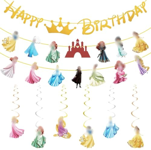 gz Banner1 Cartoon Prinzessin Geburtstagsdekoration, 9 teilige Prinzessinnen Girlande und hängende Dekoration, Happy Birthday Banner Dekorationen, Prinzessinnen Themen Geburtstagsfeier Dekoration