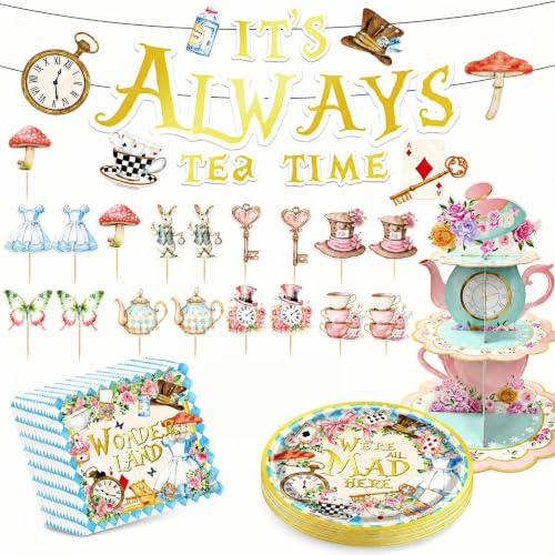 60Pcs Tea Party Decorations Wonderland Paper Tableware Set with 1 3-Tier Cupcake Stand 20 Tea Party Plates 20 Napkins 1 Banner 18 Cupcake Toppers, Afternoon Teas Party Birthday for Adults Women