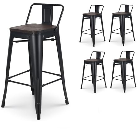 Kosmi - Lot de 4 tabourets de Bar en métal Noir Mat Style Industriel avec Dossier et Assise en Bois foncé - Hauteur 66cm