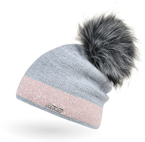 Neverless Damen Strick-Mütze gefüttert mit Fell-Bommel Kunstfell Winter-Mütze Feinstrick Glitzer-Garn Bommelmütze grau-rosa Unisize