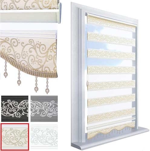 Brillant Doppelrollo Klemmfix ohne Bohren Gold Beige 200 x 70 cm (Länge x Breite) Duorollo Blickdicht mit Perlen, glitzert, Raffrollo Fenster Tür Zebra Perde Klemmrollo Seitenzugrollo