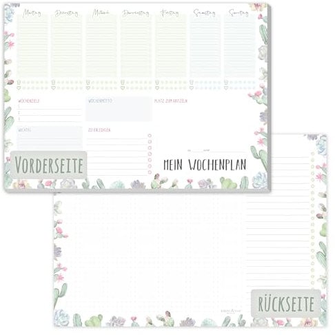 paper&you® Wochenplaner Block A4 ohne festes Datum Kakteen 50 Blatt - Terminplaner mit To-Do-Liste, Einkaufsliste, großem Notizfeld & mehr - nachhaltig & klimafreundlich