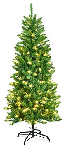 COSTWAY Árbol de Navidad 150cm Verde, Arbol de Navidad con Luces Incorporadas, 150 Luces LED de Blanco Cálido, 300 Agujas de PVC, Árbol de Navidad Slim/Estrecho, Soporte de Metal (150cm)