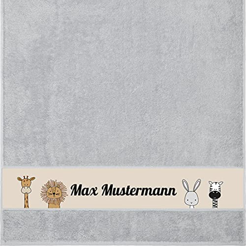 Manutextur Duschtuch mit Namen - personalisiert - Motiv Tiere 1 - viele Farben & Motive - Dusch-Handtuch - hellgrau - Größe 70x140 cm - persönliches Geschenk mit Wunsch-Motiv und Wunsch-Name