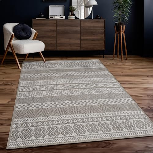 Paco Home Outdoor Teppich Flachgewebe Modern Boho-Style wetterfest & UV-beständig Ideal für Terrasse Balkon Wohnzimmer & Küche, Grösse:120 cm Rund, Farbe:Beige