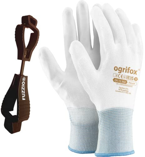 FUZZIO 24 Paar Arbeitshandschuhe Herren Gr 8, Mechaniker Handschuhe, Gartenhandschuhe Herren, Arbeitshandschuhe Damen, Montagehandschuhe, Polyurethan Beschichtung mit Handschuhclip