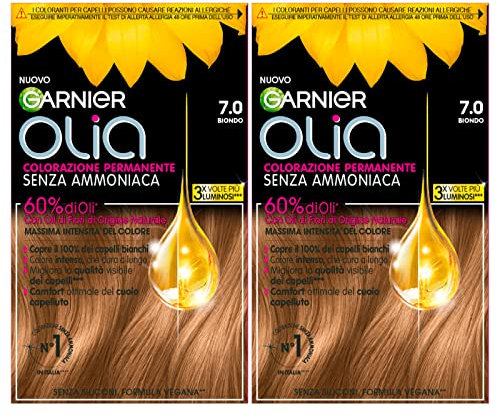 Garnier Olia Permanente Haarfarbe, ohne Ammoniak, Färbung mit Blütenölen natürlichen Ursprungs mit aufhellender und pflegender Wirkung, Farbe 7.0, Blond, 2 Packungen
