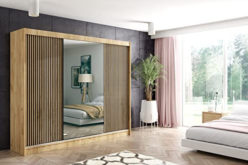 ALTDECOR Kleiderschrank mit Spiegel und Schiebetüren, kugelgelagerte Führungsschienen und Aluminium-Leisten - VILAN - 250 cm Eiche Kraft + Lamelle Eiche Wotan + Spiegel