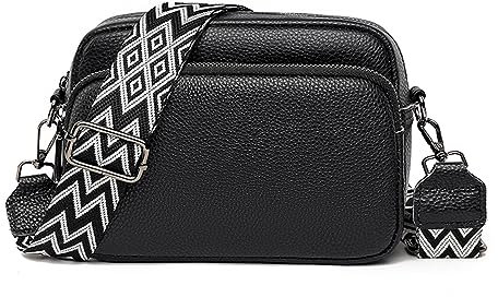 DXIOKO Crossbody Bag Damen Breiter Gurt, Echtes Leder Umhängetasche Damen Klein Schultertaschen, Mode Crossbag Damen Handytasche Zum Umhängen mit 3 Reißverschlussfächern, Schwarz