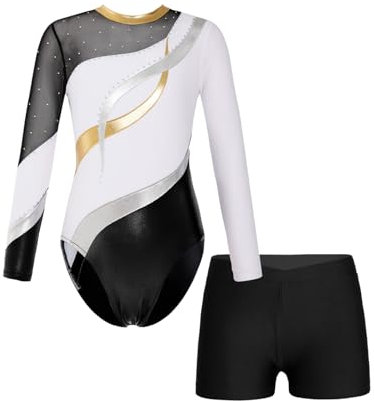 Oyolan Mädchen Kinder Gymnastikanzug Turnanzug Glitzernde Gymnastikbody Langarm Turntrikot mit Kurze Hose Tanzkostüm Weiß 122-128
