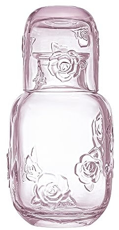 Sizikato Carafe à eau de nuit en verre rose gaufré rose de 445 ml avec verre gobelet.