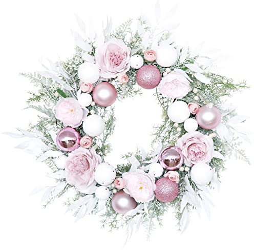 Rosa Weihnachtskranz, Künstlicher Rosa Pfingstrosen-Hortensien-Kranz mit Kugeln, Blumengirlande Willkommens-Türkranz, Künstliche Rosa Blumenkränze für Weihnachtsfeier, Hochzeitsdekoration(#1)
