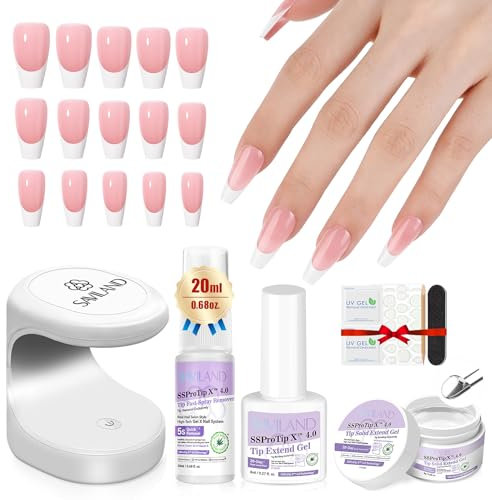 Saviland French Tip Press On Nails Set: Long-Wear White Color False Nail with Glue Nail Glue Remover Nail Lamp 100% Acrylic Thick Tips Nail Full Cover Fake Nail Stick on Nails for Women Nail Art