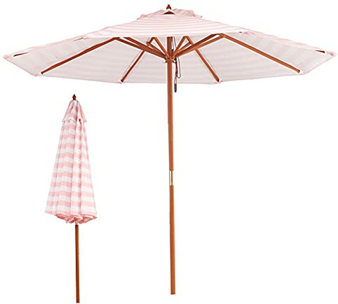 Garten-Sonnenschirm, Terrassenschirm für den Außenbereich, wasserdichter Gartentischschirm mit UV-Schutz, rosa gestreifter Strandschirm, Mittelsäule aus Holz und 8 Rippen, tragbare Campingmarkt-S