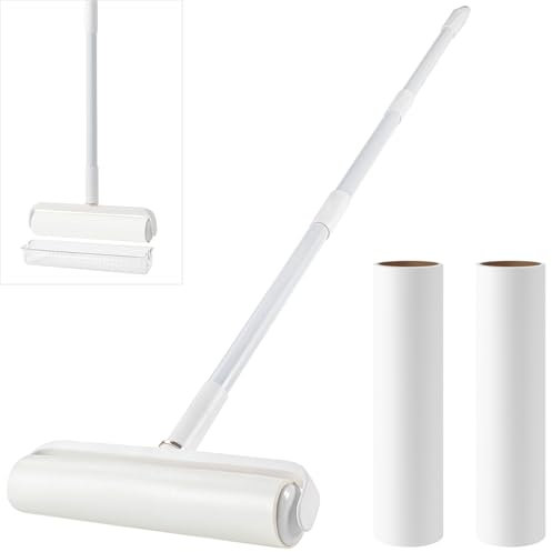 Floor Lint Roller Long Handle with Cover and 2 Refills for Pet Hair Extra Sticky Large 9.45 inch Lint Remover for Carpet Bedding Couch (Extra Long Handle & 3 Sticky Rolls)