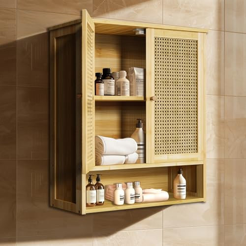 unho Meuble Salle de Bain en Bambou: Armoire WC Mural Rangement de Toilette Suspendu Placard Mural avec Étagère Hauteur Réglable - 59x20.5x66.5cm