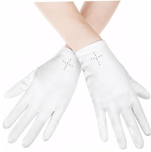 Kommunionhandschuhe für Mädchen im Alter von 4 bis 8 Jahren, satinische weiße Handschuhe für Mädchen mit Strass, atmungsaktive Prinzessin-Handschuhe für Hochzeit, erste Kommunionhandschuhe für Mädche