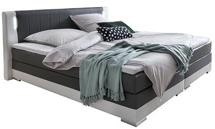 Dynamic24 Boxspringbett 180 x 200cm LED grauweiß Kunstleder Doppelbett Ehebett
