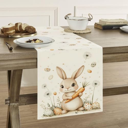 Vorysum Hasen Karotten Ostern Tischläufer Ostereier Löwenzahn Modern Tischläufer Waschbar Modern Frühling Küche Esstisch Dekoration für drinnen und draußen Urlaub Party Wohnzimmer Dekor 40 x 180 cm