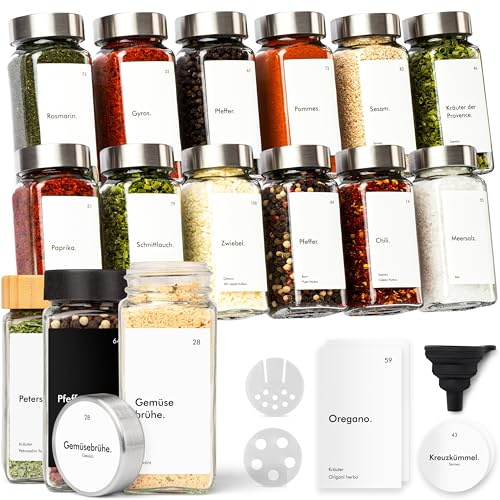 KIVY Gewürzgläser mit Streueinsatz - 12x 120ml + 120 Etiketten - Luftdicht | Gewürzstreuer Glas eckig mit Etiketten - Gewürzdosen Set - Gewürzbehälter - Gewürzgläser Set - Gewürz - Edelstahl