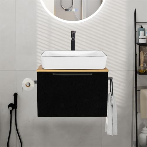 YU YUSING Ensemble de Meubles de Salle de Bain 60cm avec Lavabo, Armoire de Rangement avec Porte-Serviettes et Porte Papier Toilette, Meuble sous Lavabo, Vasque à Poser, Ensemble Robinets (Blanc)