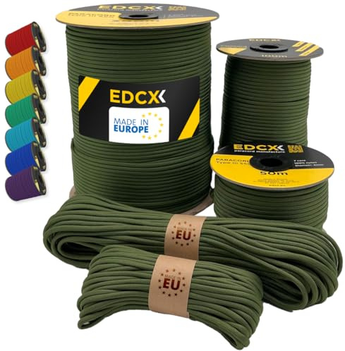 EdcX Paracord 4mm, 35+ Solid Colors (10m, 15m, 30m, 50m, 100m, 300m) | Ideal for Crafting, DIY, Camping, Survival, Outdoor | 100% Nylon Rope 4mm | Tactical Cord 550 Type III (Moss, 3 m)