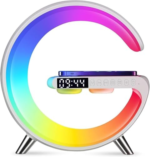 Kabelloses Ladegerät Atmosphäre Lampe, Mini Wireless Lautsprecher Lampe mit Wecker, Bluetooth Lautsprecher mit Atmosphäre Licht, Nachttischlampe Geschenke für Wohnkultur, Schlafzimmer (9-Tasten-mit