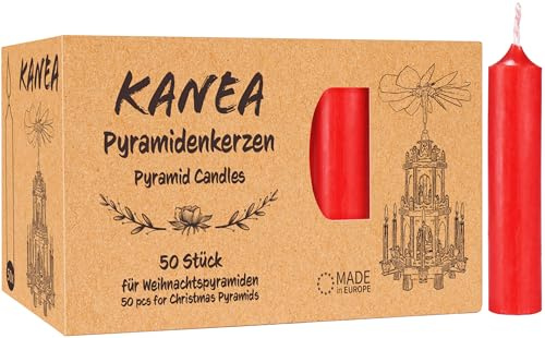 KANEA 50er Pack Pyramidenkerzen - Weihnachtskerzen für Pyramiden | Weihnachtspyramiden Baumkerzen aus Wachs - Christbaumkerzen 7 cm groß, 14 mm Ø - Rot