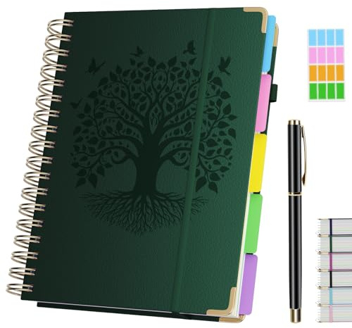 Notizbuch B5 Liniert, Notizblock mit 5 Trennblättern & Stift,320 Seiten Journal Buch mit 100gsm Dickes Tintenfestes Papier，Notizbuch Innentasche für Arbeit, Studium und Alltag,19 x 25cm-Dunkelgrün