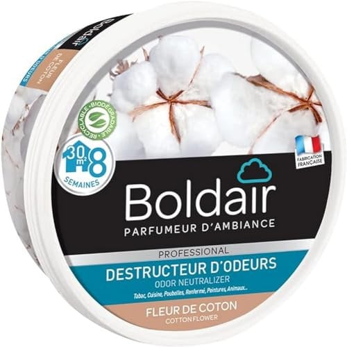BOLDAIR - Destructeur d'Odeurs en Gel Fleur de Coton - Neutralise les Mauvaises Odeurs & Parfume l'Air - Made in France - Boîte Diffuseuse 300 g