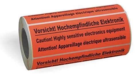 Warnetiketten Vorsicht! Hochempfindliche Elektronik 149 x 48 mm - 500 Stk. auf Rolle - leuchtrot fluoreszierend - stark haftend, Hinweisetiketten, Versandetiketten, Signaletiketten rot