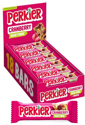 Perkier Cranberry, 18 Bars, Vegan, Gluten Free, Protein, High Fibre, Lower Sugar Snack, Natural Ingredients, Lower Calorie, Healthy, No Palm Oil, Carbon Neutral, Recyclable Packaging