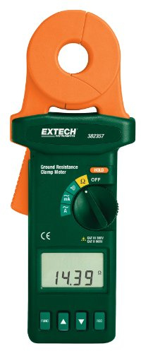 Extech 382357 Clamp-On Ground Resistance Tester, True RMS, Datalogging | 0.025 to 1500 Ohm, AC leakage 0.2mA-30A, 116 data points, 0.9in jaw, resistance plate, case