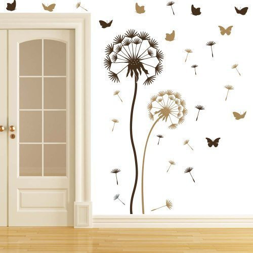 Wandtattoo Pusteblume Set braun/Hellbraun - sowie 10 Schmetterlinge und 21 Flugsamen - Große Blume 100 x 30cm, kleine Blume 70 x 25cm