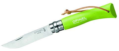 Opinel-Messer Nr. 7, 001442, rostfreier Sandvik-Stahl 12C27, grüner Buchenholzgriff, Lederriemen, Virobloc-System