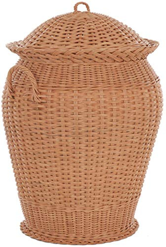 Wäschekorb/Wäschetonne rund aus echtem Rattan, Wäschesammler mit Deckel und Inlett (Terracotta)