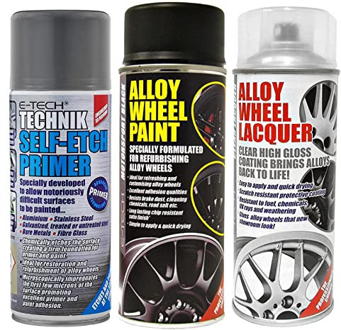 E-TECH Professional BLACK Car Alloy Wheel Spray Paint & High Gloss Clear Lacquer & Self Etch Primer Spray Can Refurbishment Pack